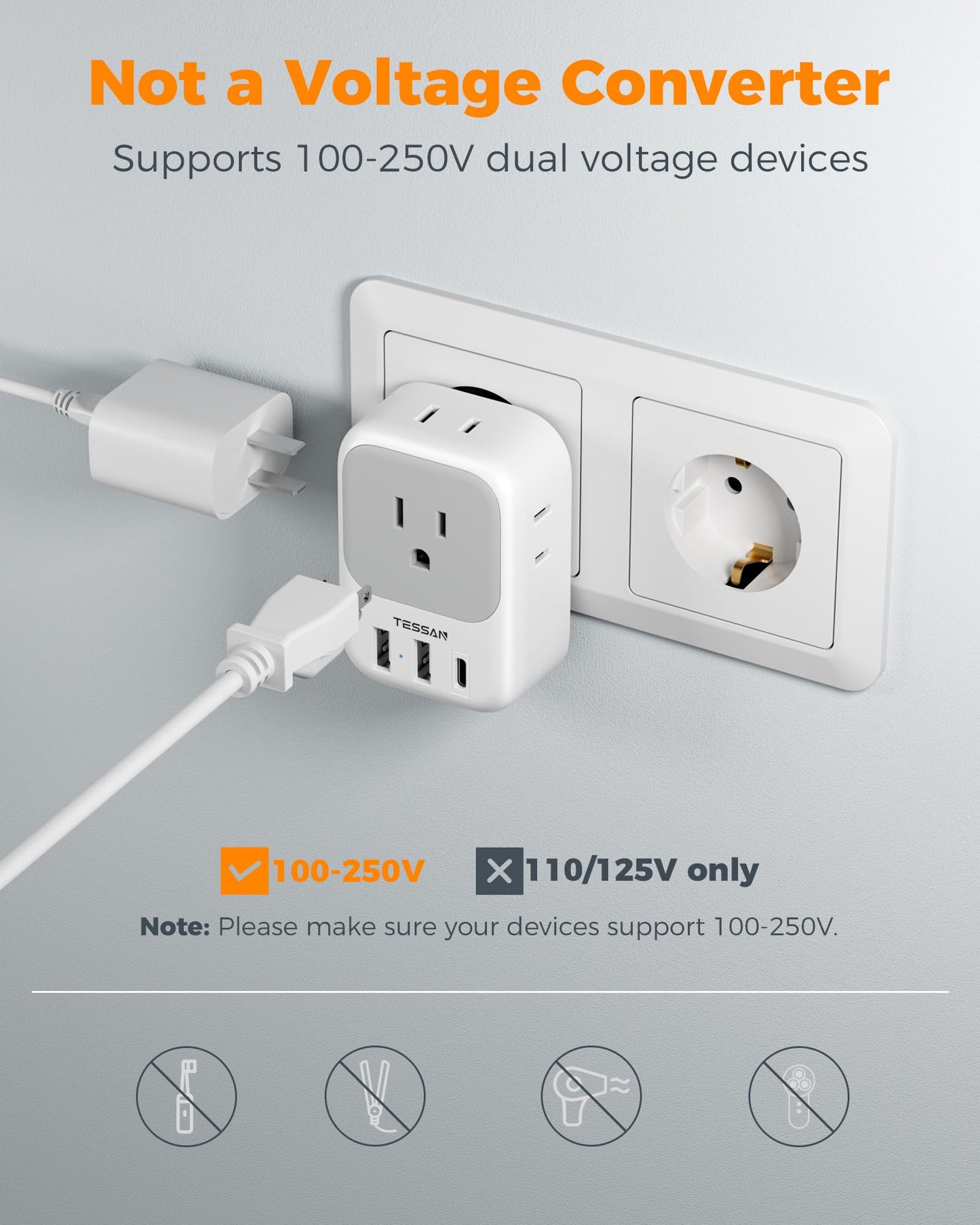 2 Pack European Travel Plug Adapter USB C, TESSAN US to Europe Plug Adapter with 4 Outlets 3 USB Charger, Type C Power Adaptor to Italy Spain France Portugal Iceland Germany, White Gray