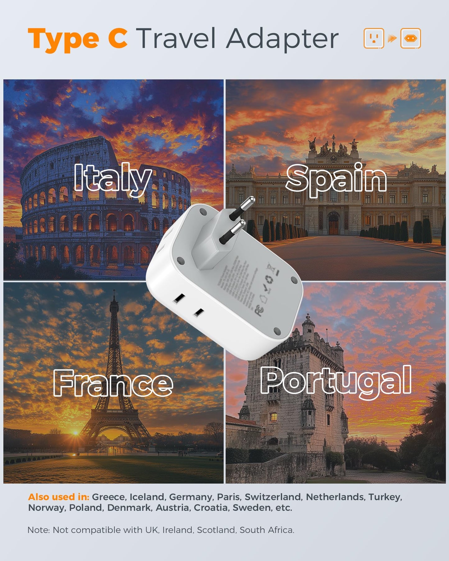 2 Pack European Travel Plug Adapter USB C, TESSAN US to Europe Plug Adapter with 4 Outlets 3 USB Charger, Type C Power Adaptor to Italy Spain France Portugal Iceland Germany, White Gray