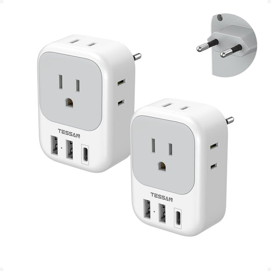 2 Pack European Travel Plug Adapter USB C, TESSAN US to Europe Plug Adapter with 4 Outlets 3 USB Charger, Type C Power Adaptor to Italy Spain France Portugal Iceland Germany, White Gray