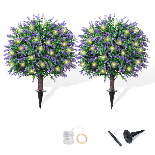 2 Pack 17.3 Artificial Lavender Topiary Trees with LED Lights Battery Operated - Realistic UV Resistant Faux Greenery, with Ground Spike Decor for Outdoor Garden, Patio, Porch, and Indoor Use
