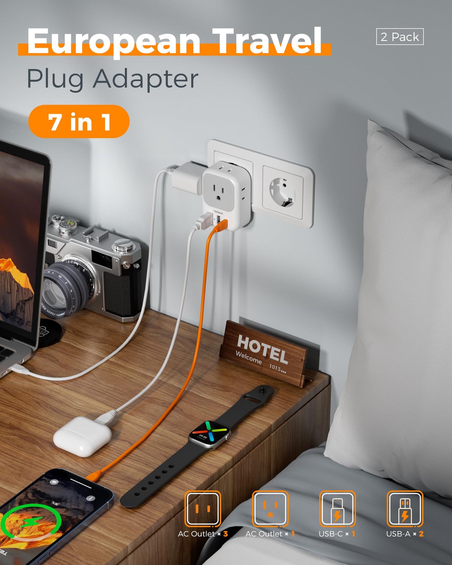 2 Pack European Travel Plug Adapter USB C, TESSAN US to Europe Plug Adapter with 4 Outlets 3 USB Charger, Type C Power Adaptor to Italy Spain France Portugal Iceland Germany, White Gray
