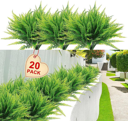 Artificial Boston Fake Fern Plants Bushes 20Packs Faux Plants Shrubs Greenery UV Resistant for Garden House Office Indoor Outdoor Décor